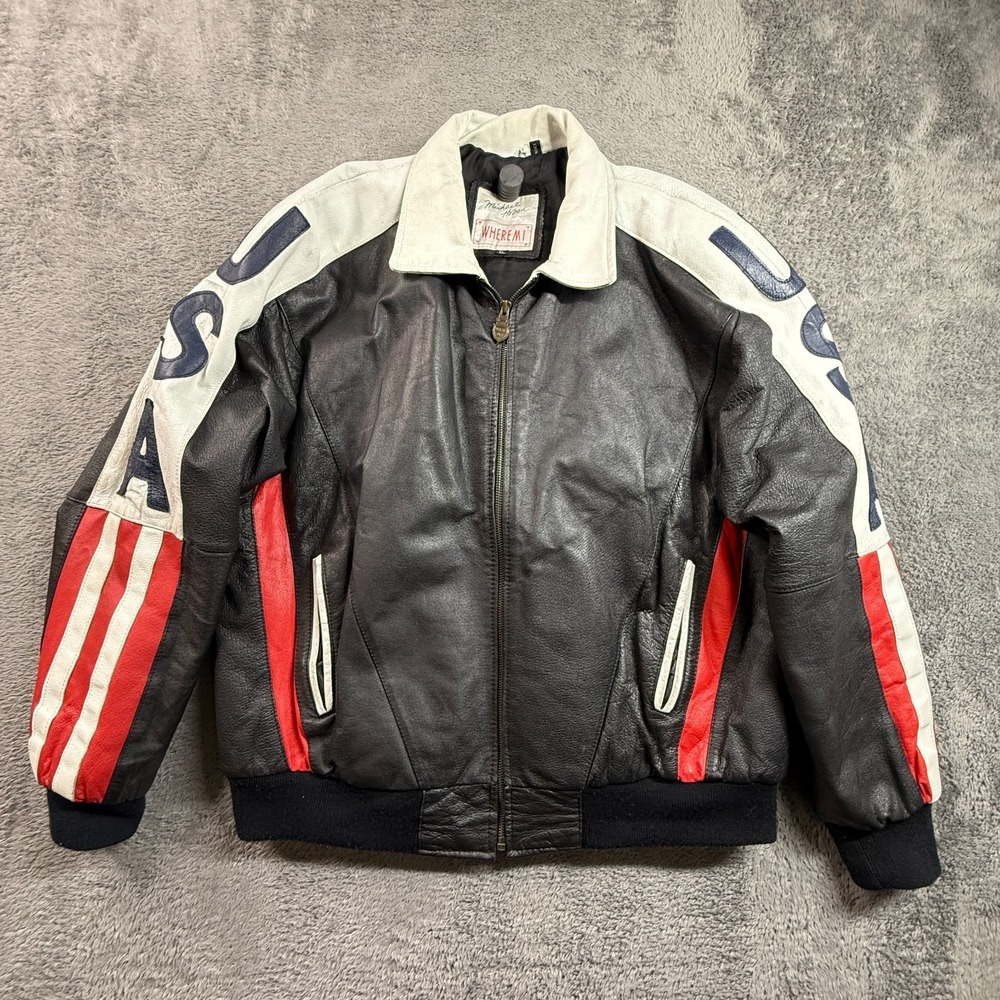Vintage Michael Hoban Leather Jacket AMERICA USA FLAG USA Patch XL WHEREMI